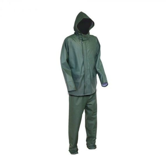 Vihreä sadeasu joustava takki napeilla housut kuminauhavyötärö